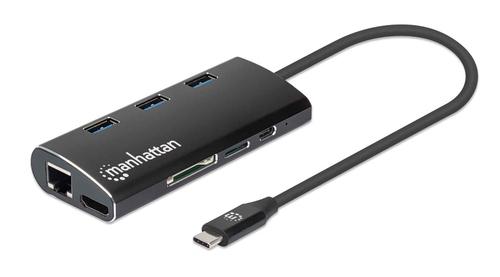 Manhattan USB-C Dock/Hub with Card Reader, Ports (x6): Ethernet, HDMI, USB-A (x3) and USB-C, Featuring Power Delivery (100W) to USB-C Port (Note: additional USB-C wall charger and USB-C cable required