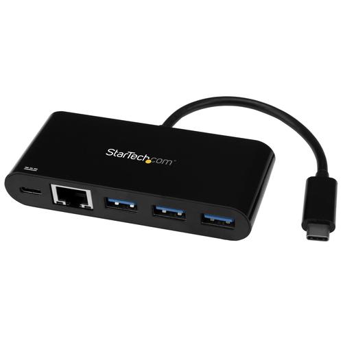 StarTech.com 3-Port USB-C Hub with Gigabit Ethernet AND 60W Power Delivery Passthrough Laptop Charging - USB-C to 3x USB-A (USB 3.0 SuperSpeed 5Gbps) - USB 3.2 Gen 1 Type-C Adapter Hub