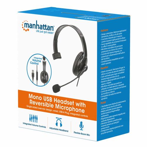 Manhattan USB Mono Headset with 2m cable, left/right wearable