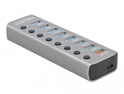 Delock USB 3.2 Gen 1 Hub with 7 Ports + 1 Fast Charging Port + 1 USB-C PD 3.0 Port (gray, with switch and illumination)