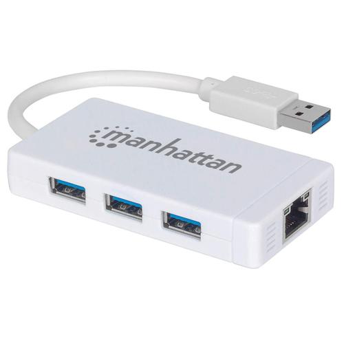 Manhattan USB-A 3-Port Hub with Gigabit Ethernet Adapter, 3x USB-A Ports, 5 Gbps (USB 3.2 Gen 1, also known as USB 3.0), 1x 10/100/1000Mbps Ethernet network, Equivalent to ST3300GU3B, RJ45, SuperSpeed