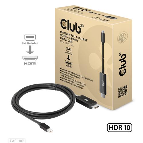Club3D Club 3D MiniDP 2.1 to HDMI 4K120Hz or 8K60Hz HDR10+ each/piece, 1.8m black