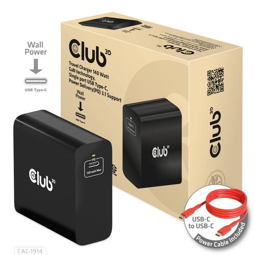 Club3D 140W GaN Travel Charger, Single USB Type-C Port, Power Delivery (PD) 3.1 Support