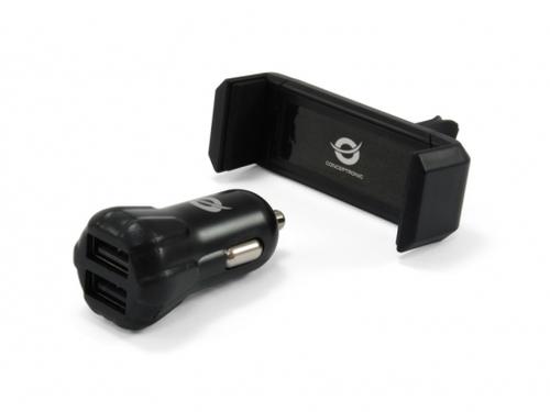Conceptronic Car charger 2-port 2xUSB-A + holder 10W sw