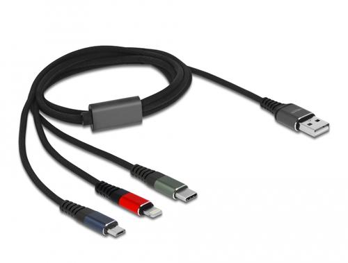 Delock USB charging cable, USB-A connector USB-C + Micro USB + Lightning connector (multicolored, 1 meter, sleeved, charging function only)