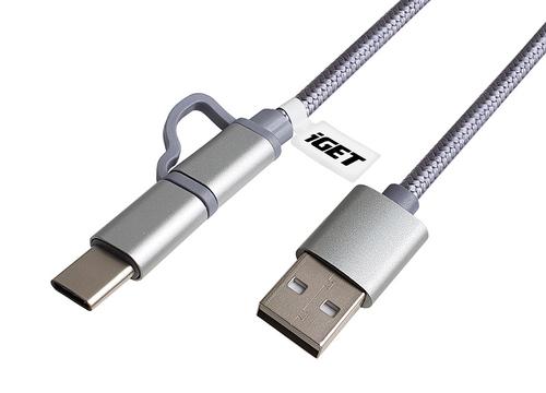 IGET G2V1 USB cable, 1 m, USB A to USB C/Micro-USB A, Metallic, Silver