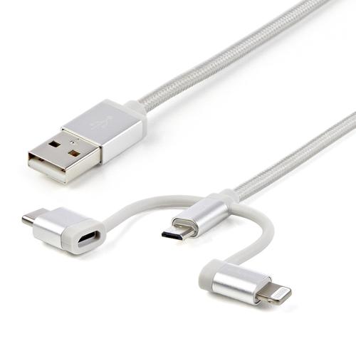 StarTech.com 1 meter (3 ft.) USB Multi Charging Cable - USB to Micro-USB or USB-C or Lightning for iPhone / iPad / iPod / Android - Apple MFi Certified - 3 in 1 USB Charger - Braided
