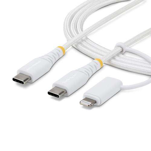 StarTech.com 1m (3ft) 2-in-1 Rugged USB-C Charging Cable with Lightning Adapter, 30W/60W (3A), Apple MFi Certified, Braided USB C Charger Cord for iPhone/iPad/Android