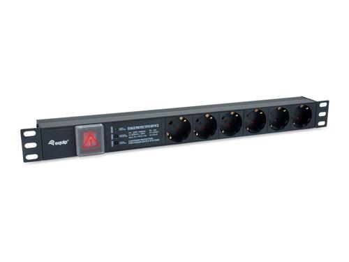 Equip 19" power strip, 6x Schuko + switch, 90° angled outlet, stainless steel NF aluminum