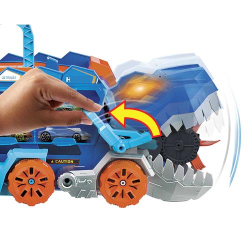 Hot Wheels City Ultimate T-Rex Transporter, Hauler Transforms into a Dino, Featured in "Let's Race"