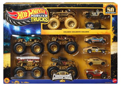 Hot Wheels Monster Trucks Trophy Champions Collection, 5 1:64 Scale Toy Trucks AND 6 Die-Cast Cars