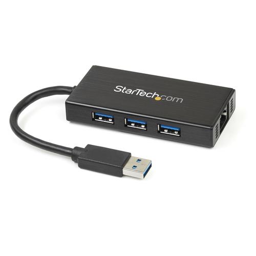 StarTech.com 3-Port Portable USB 3.0 Hub with Gigabit Ethernet - 5Gbps - Aluminum with Built-in Cable - TAA