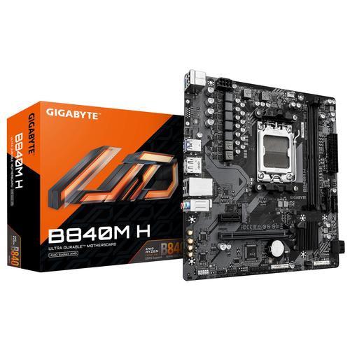 GIGABYTE B840M H Motherboard – AMD Ryzen 9000 CPU support, 5+2+2 VRM phases, up to 7200MHz DDR5 (OC), 1xPCIe 4.0 M.2 slot, 1GbE LAN, USB 3.2 Gen 1