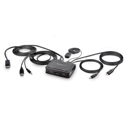 StarTech.com 2-Port Hybrid USB-C DisplayPort Cable KVM Switch, 4K 60Hz, Compact KVM with 6ft/1.8m USB-A/DisplayPort/Audio AND 4ft/1.2m USB-C Integrated Host Cables, Bus Powered - Remote Push Button/
