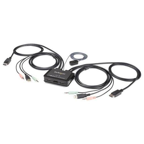 StarTech.com 2-Port DisplayPort KVM Switch - 4K 60Hz - Compact Dual Port UHD DP 1.2 USB Desktop KVM Switch with 4ft Cables AND Audio - Bus Powered AND Remote Switching - MacBook ThinkPad