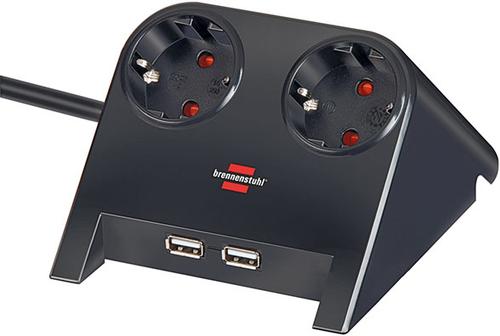 Brennenstuhl Desktop Power Strip 2-Outlet (black (glossy), 1.8 meters, 2x USB-A)