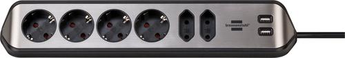 Brennenstuhl eck-Steckdosenleiste style power strip, 6-outlet (black/stainless steel, 2 meters, 2x USB)