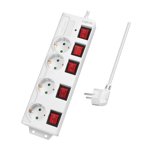 Logilink 4-way power strip, 4x CEE 7/3, m. 5 switches, white