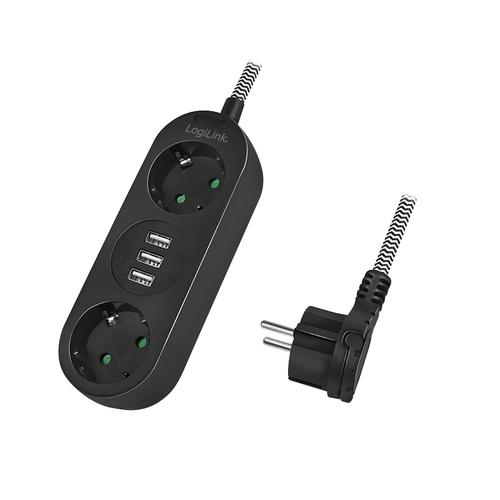 Logilink 2 sockets | 3x USB-A | black textile cable braid 1.5m