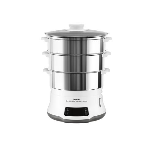 TEFAL Convenient Series Deluxe VC502D steam cooker with 3 baskets, countertop model, 900 W, stainless steel and white