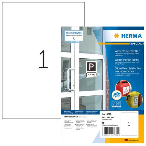 Herma A4 White Labels, 210x297 mm, Waterproof Paper, 80 Pieces.
