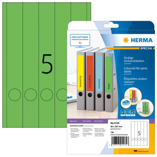 Herma A4 green labels, 38x297 mm, opaque paper, 100 pieces.