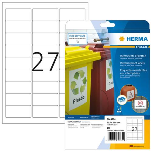 Herma Inkjet-Etiquette. A4 white 63.5x29.6 mm waterproof 270 sheets.