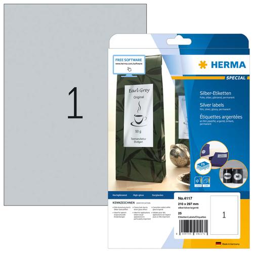 Herma Labels A4 silver 210x297 mm foil glossy. 25 pcs.