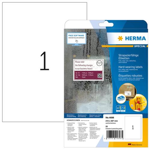 Herma Label. heavy-duty. A4 white 210x297 mm film 25 pcs.