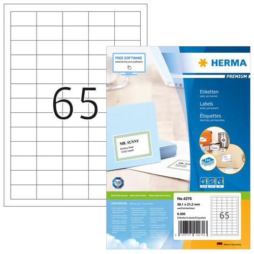 Herma Labels A4 white 38.1x21.2 mm Paper 6500 sheets.