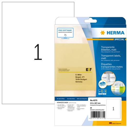Herma Transparent matte stickers, A4 size, 210x297 mm, 25 pieces.