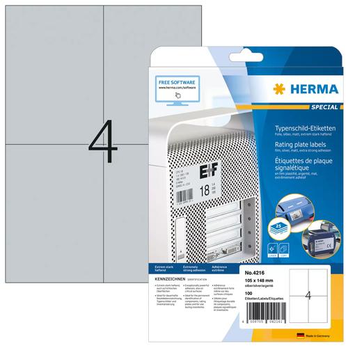 Herma Type label sheets A4 silver. 105x148 mm. 100 sheets.