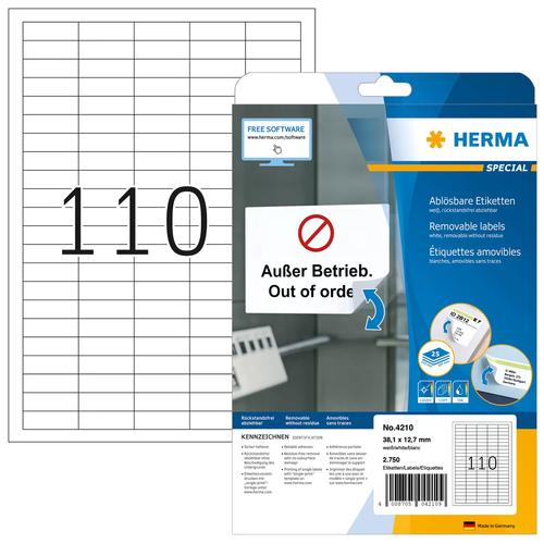 Herma Labels A4 white, 38.1x12.7 mm removable paper 2750 pieces.
