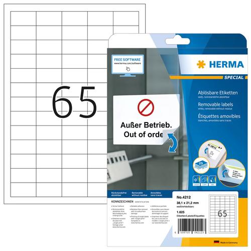 Herma A4 White Labels, 38.1x21.2 mm, removable paper, 1625 sheets.