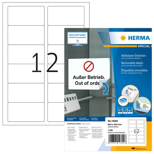 Herma Labels A4 white, 88.9x46.6 mm, removable paper, 1200 pieces.