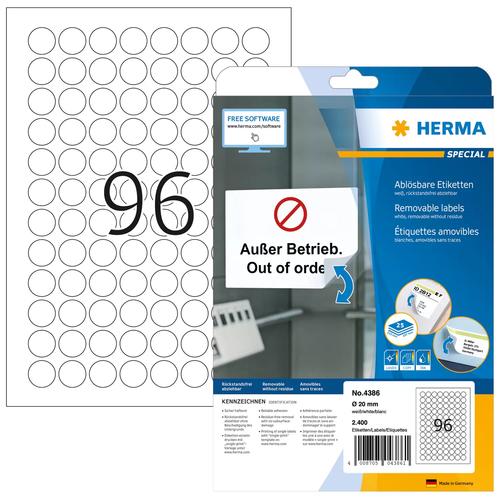 Herma Labels A4 white, 20 mm round, removable. Paper 2400 pieces.