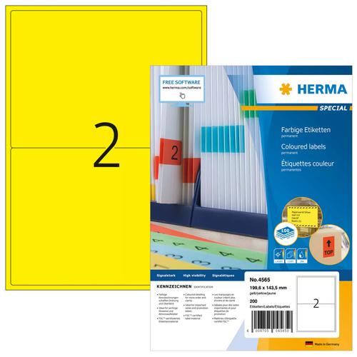 Herma A4 yellow labels, 199.6x143.5mm, matte paper, 1400 pieces.