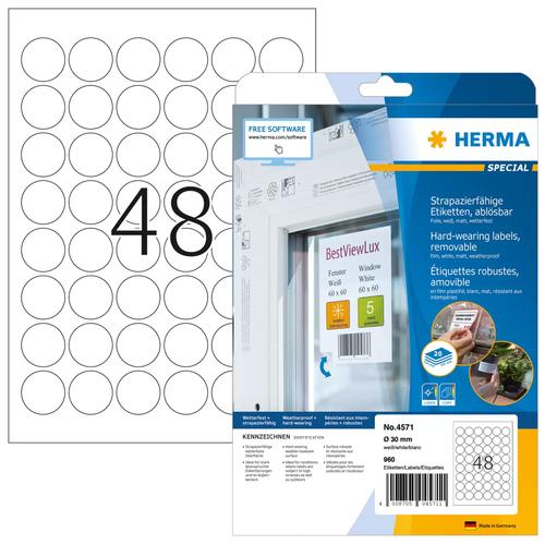 Herma Film labels A4 30mm white removable 960pcs.
