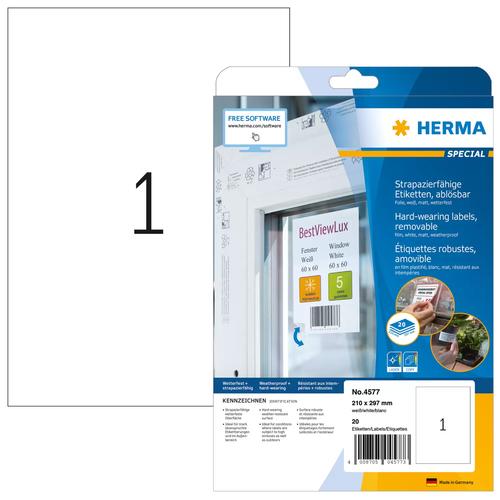 Herma Film labels A4 210x297mm white removable 20pcs.