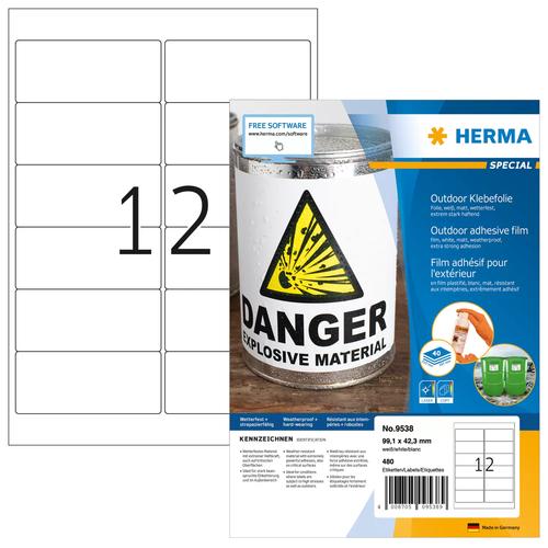 Herma Label. A4 Outdoor adhesive foil white 99.1x42.3mm 480 pcs.