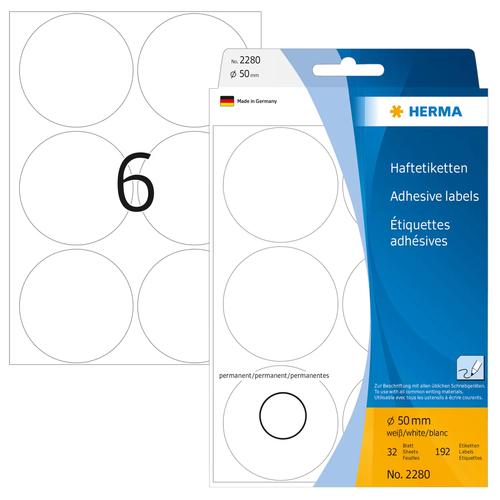 Herma Multi-purpose labels, white, 50 mm round, paper, 192 pieces.