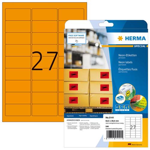 Herma A4 neon-orange labels, 63.5x29.6 mm, 540 sheets of paper.