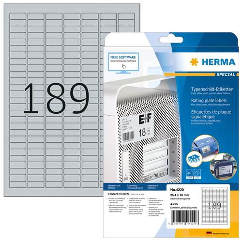 Herma Type label stickers A4 silver 25x10 mm Film 4725 St.