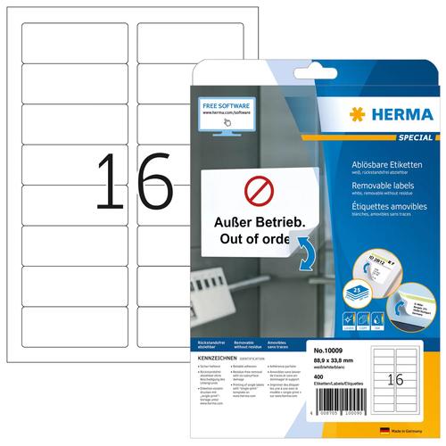 Herma A4 White Labels, 88.9x33.8 mm, Removable Paper, 400 Pieces.