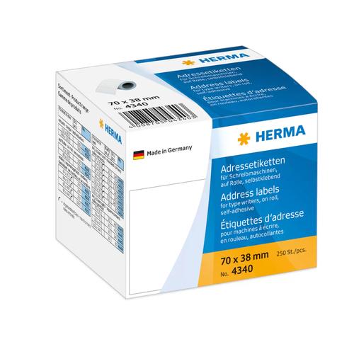 Herma Address stickers. White on rolls, 70x38 mm, 250 pieces.