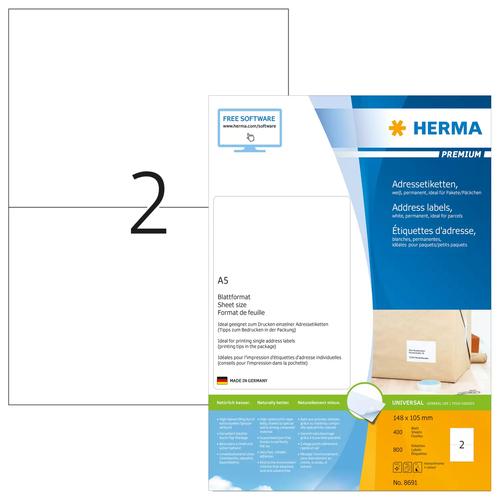 Herma Premium A5 white address labels, 105x148 mm, 800 pieces.